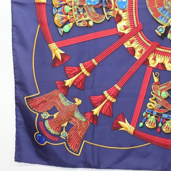 HERMES Caty Ancient Egyptian Scarab Pattern Carre 90 Scarf Silk Blue Auth 141181 - Picture 8 of 13